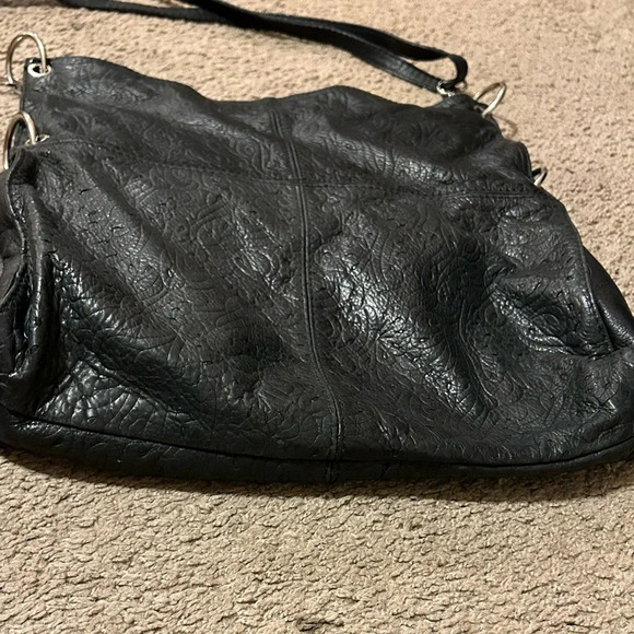 Florence Leather Made in Italy Black Tooled Crossbody Shoulder/Crossbody Bag Zip - Picture 11 of 11